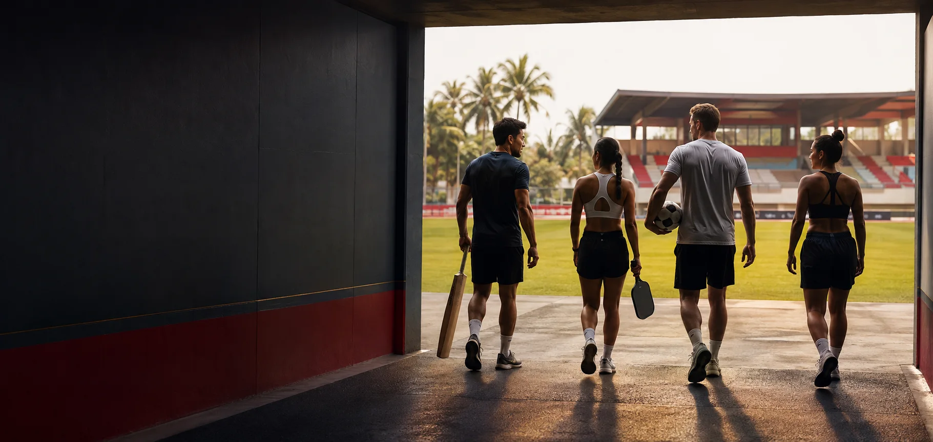 Athletes entering a tropical sports field