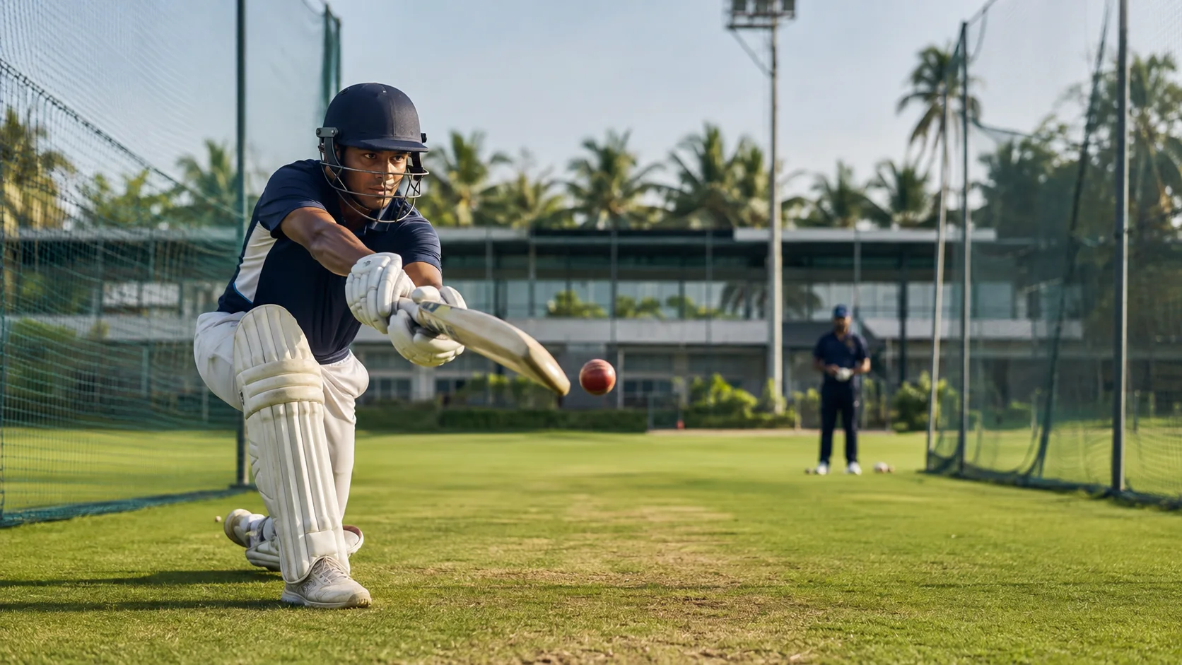 Cricketer training in a natural-turf practice net