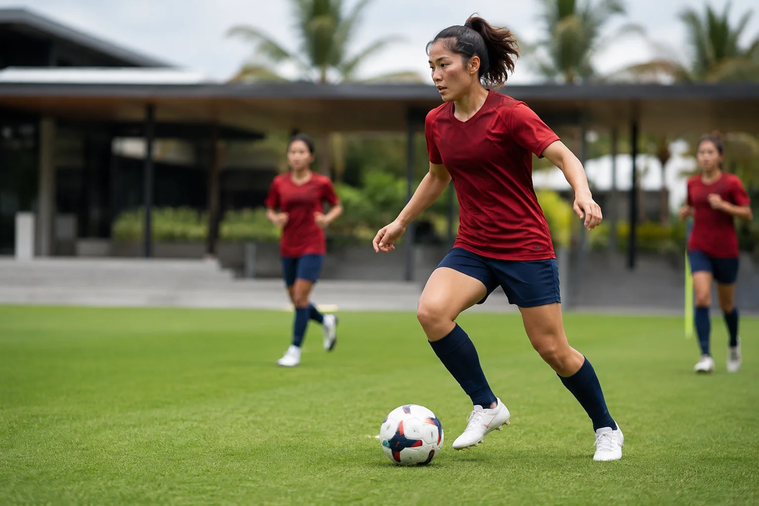 Footballer training on a natural-grass field