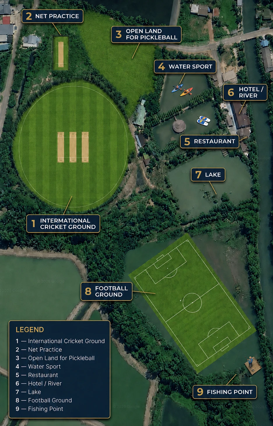 Indicative aerial site overview of The Rise Up Sports venue and facilities